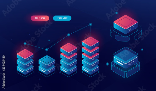 Big data processing isometric graph diagram, inform analysis and statistics, technology objects, server room, database computing dark neon