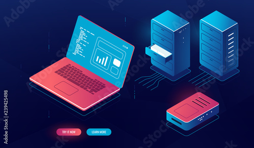 Laptop pc with data processing on screen, cloud computing, isometric server room element, server cabinet rack, file cloud storage manager, dark neon