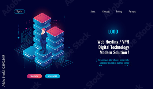 Data security concept isometric icon, database and data center, information management, server room farm, data analysis and statistic, dark neon