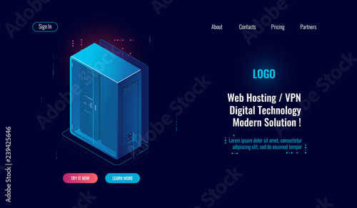 Set of server room icons, data center and database, futuristic data prcessing, cloud storage isometric vector dark ultra violet