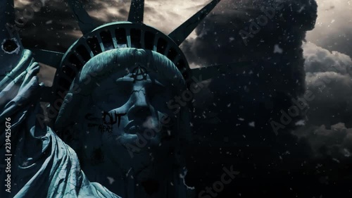 The End of Liberty 4K features a close-up of the Statue of Liberty with cracks and graffiti all over it with roiling clouds in the background.