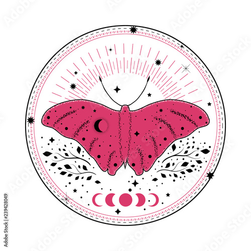 Butterfly illustration in double exposure style. Boho illustration.