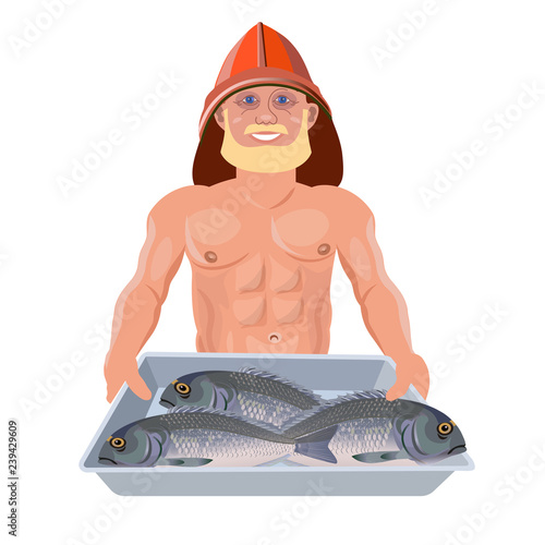 Bare chested man with tray fish
