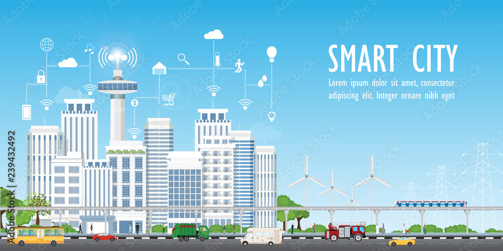 Smart city on urban landscape with different icons.