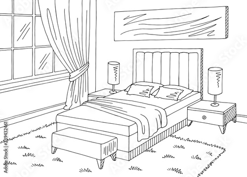 Bedroom graphic black white home interior sketch illustration vector