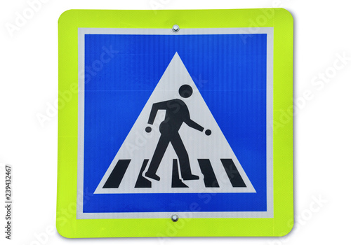 warning traffic sign, metal reflector pedestrian road sign isolated on white background.