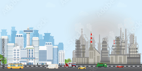 Urban city landscape with contemporary buildings and industrial smoke clouds the sky.