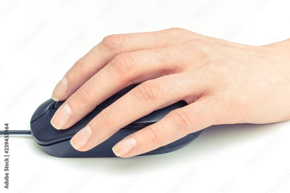 Hand of woman with black computer mouse, white background Hand of woman with black computer mouse, white background