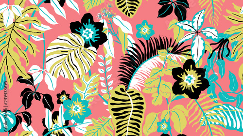Colorful botanical seamless pattern, hand drawn tropical plants on pink background, blue, pink, yellow and black tones