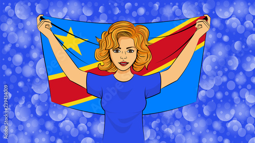 Blonde girl holding a national flag of Republic of the Congo