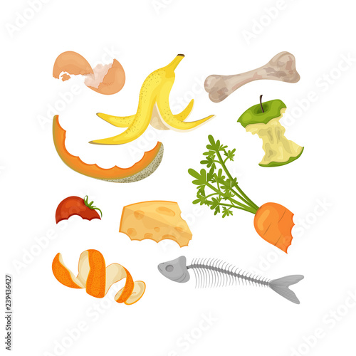 Cartoon organic garbage. Illustration for organic waste, zero waste theme and modern environmental problem. Colored flat icons, vector design