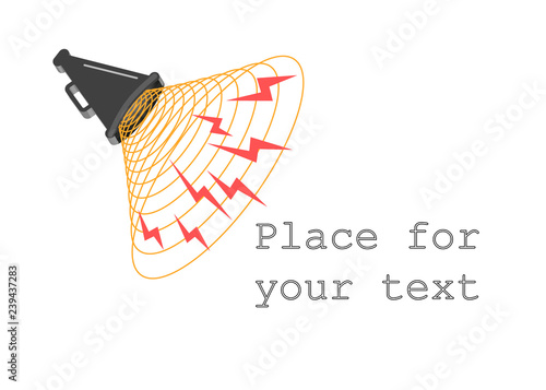 3D megaphone hailer, talking loudly to turn. The concept of advertising discounts. Sound waves are directed. Vector illustration with space for text.