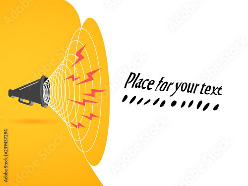 3D megaphone hailer, talking loudly to turn. The concept of advertising discounts. Sound waves are directed. Vector illustration with space for text.