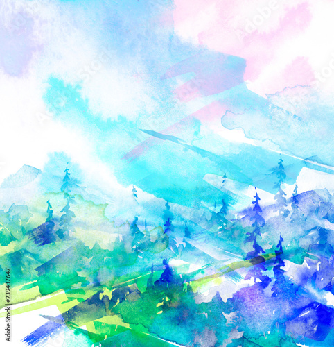 Watercolor art illustration. Drawing of the blue forest, pine tree, spruce. Dark, dense forest, suburban landscape. Postcard, logo, card. Misty forest, haze. Abstract Watercolor splash, logo