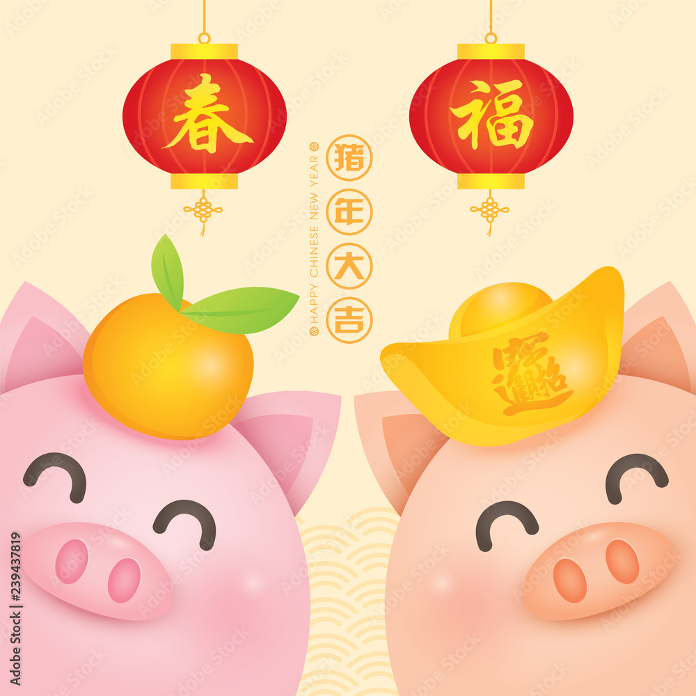 Fototapeta premium 2019 Chinese New Year, Year of Pig Vector with 2 cute piggy with gold ingots, tangerine and lantern. (Translation: Auspicious Year of the pig)