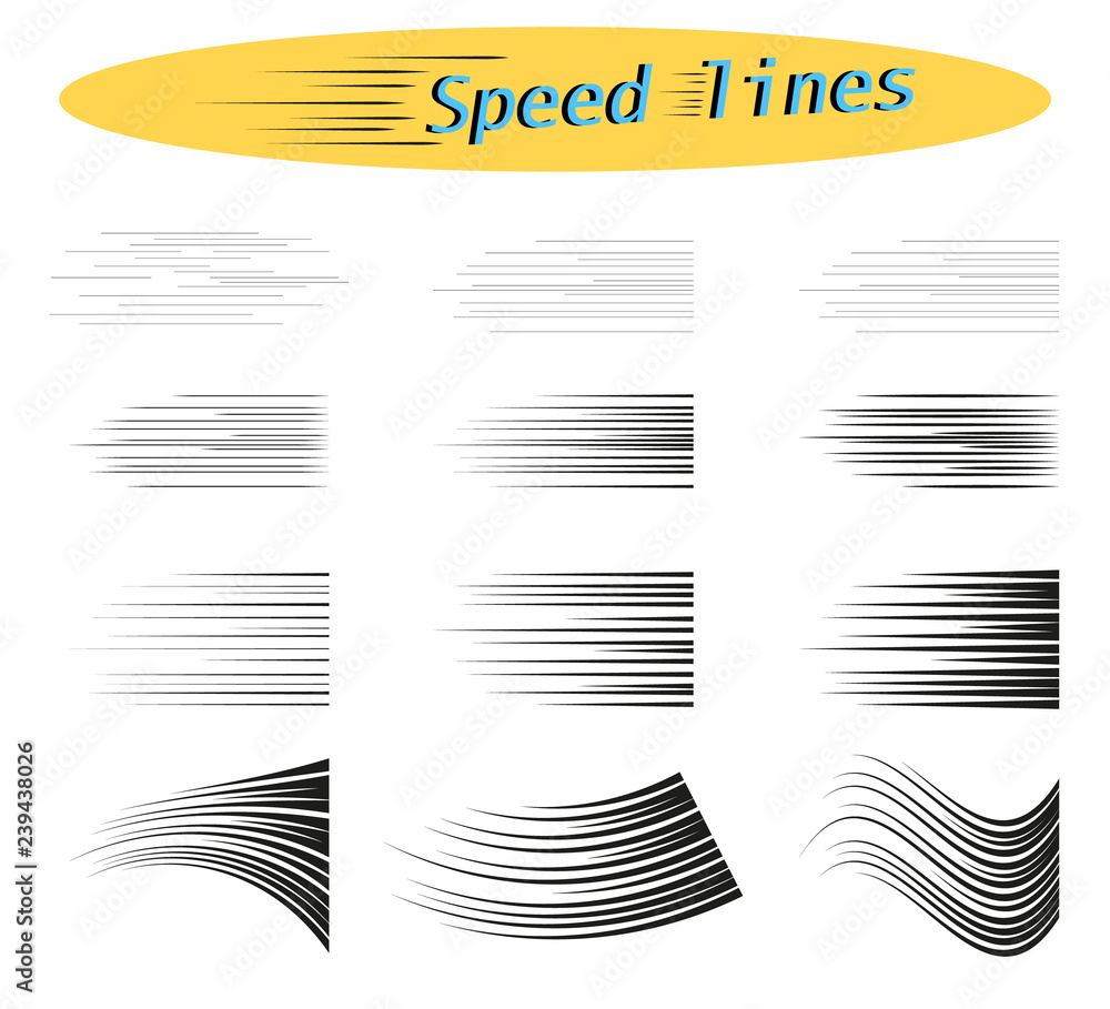 Set of vector different options of simple horizontal lines of speed, movement, black color. Manga cartoon design elements on white isolated background.