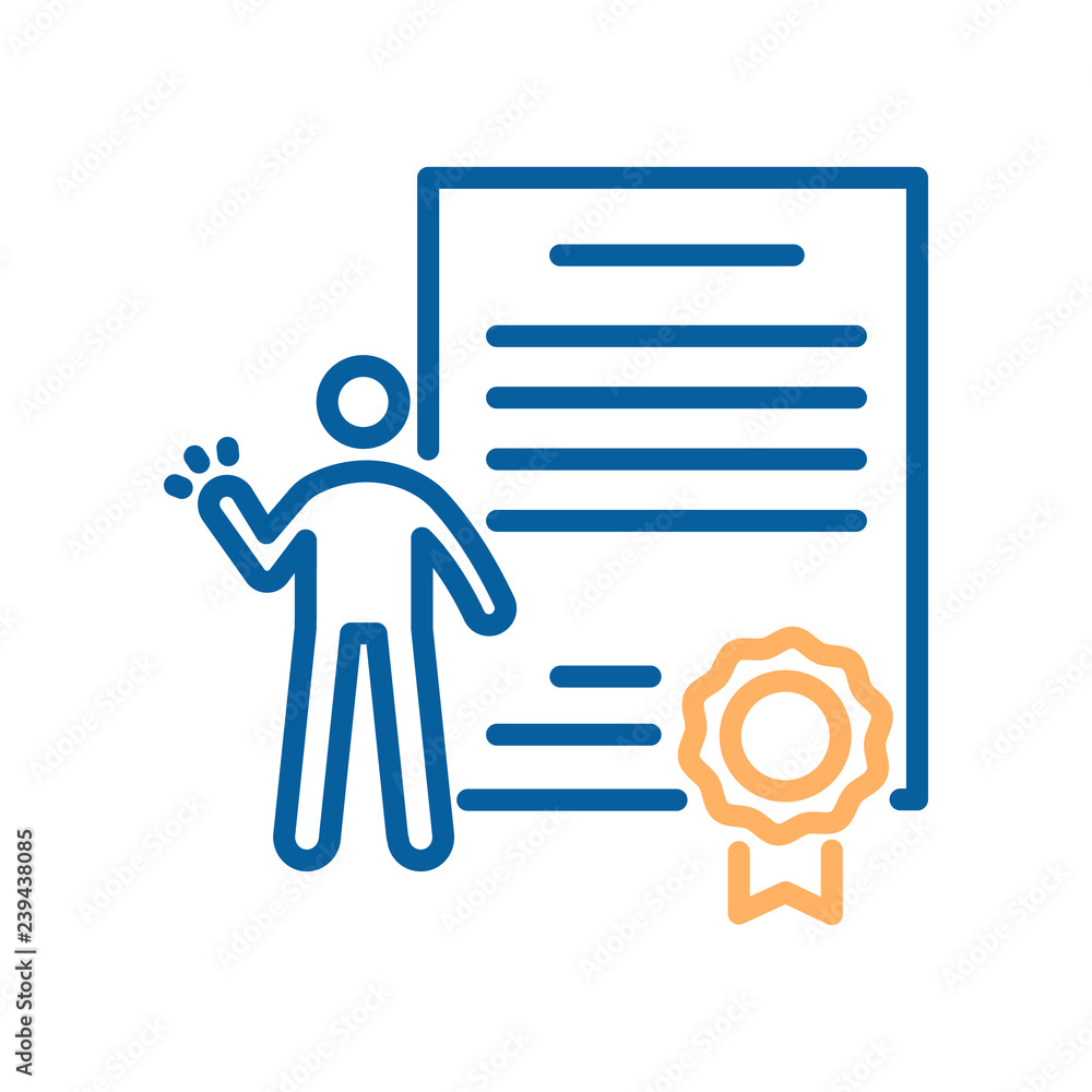 Trendy thin line icon of a person celebrating his success with a diploma or certificate paper with a seal of approval. Vector illustration for concepts of professional or academic success. Trendy thin line icon of a person celebrating his success with a diploma or certificate paper with a seal of approval. Vector illustration for concepts of professional or academic success.