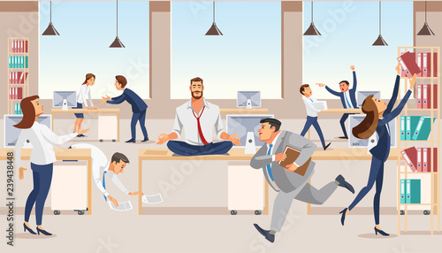 Office worker meditating at workplace vector