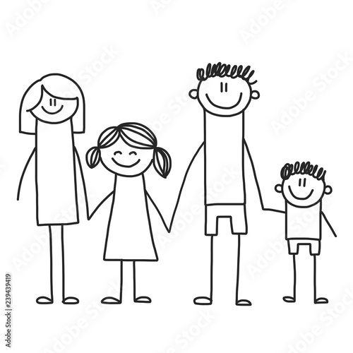 Happy family with children. Kids drawing style vector illustration. Mother, father, sister, brother.