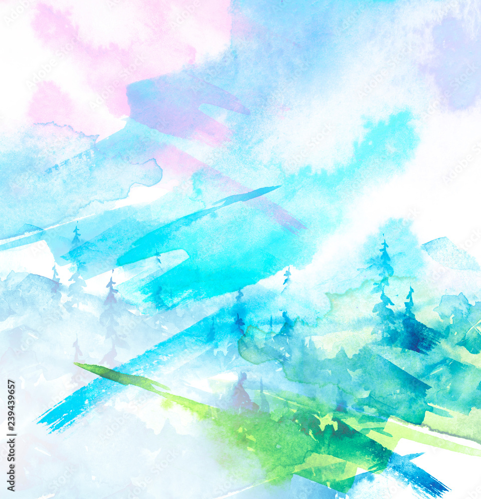 Watercolor art illustration. Drawing of the blue forest, pine tree, spruce. Dark, dense forest, suburban landscape. Postcard, logo, card. Misty forest, haze. Abstract Watercolor splash, logo
