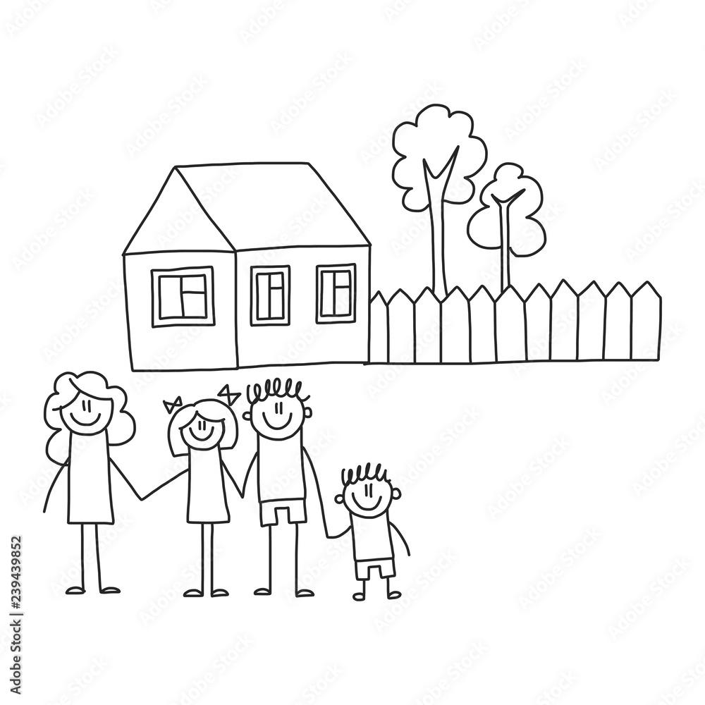 Happy family with children. Kids drawing style vector illustration. Mother, father, sister, brother. Happy family with children. Kids drawing style vector illustration. Mother, father, sister, brother.