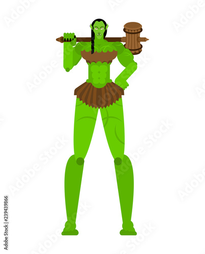 Ogre Female warrior with weapon. Green goblin woman Strong. berserk lady Troll