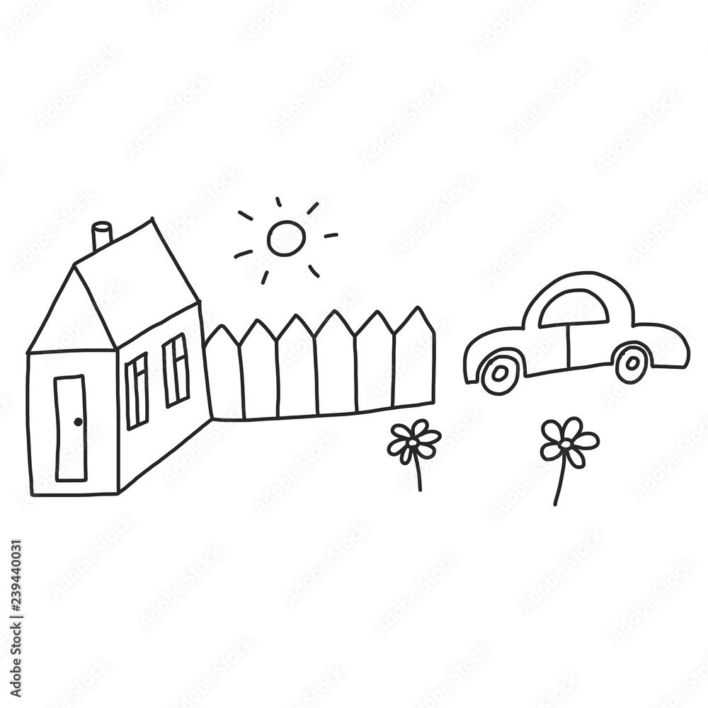Happy family with children. Kids drawing style vector illustration. Mother, father, sister, brother. Happy family with children. Kids drawing style vector illustration. Mother, father, sister, brother.