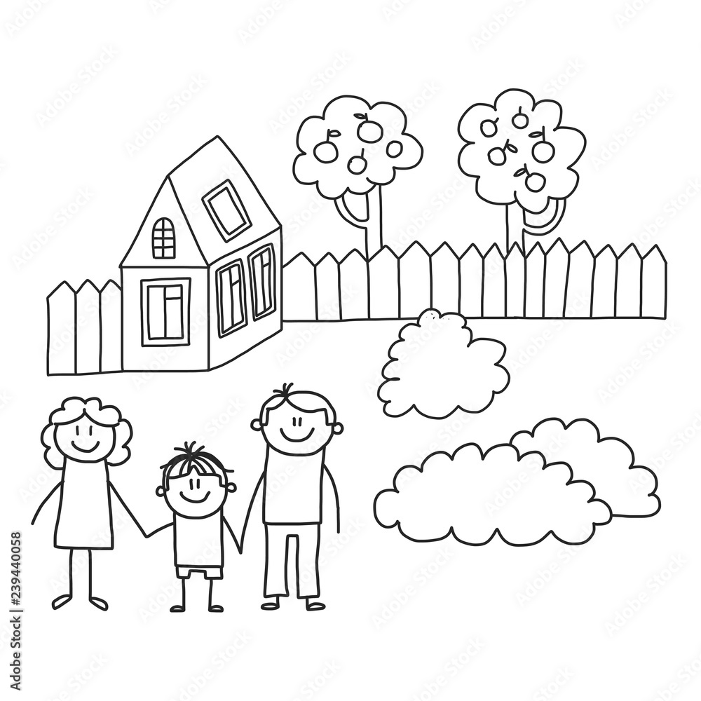 Happy family with children. Kids drawing style vector illustration. Mother, father, sister, brother.