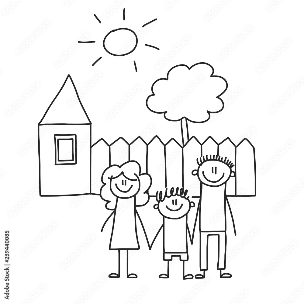 Happy family with children. Kids drawing style vector illustration. Mother, father, sister, brother. Happy family with children. Kids drawing style vector illustration. Mother, father, sister, brother.