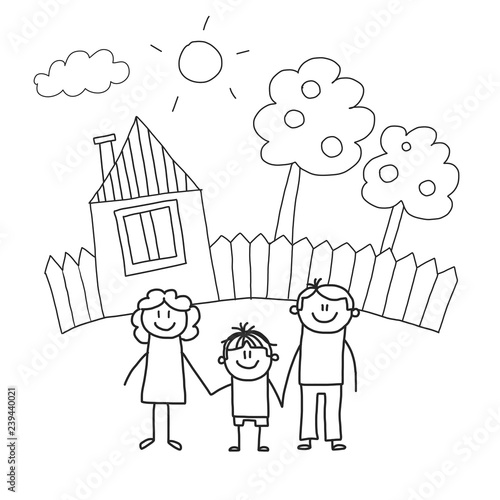 Happy family with children. Kids drawing style vector illustration. Mother, father, sister, brother.
