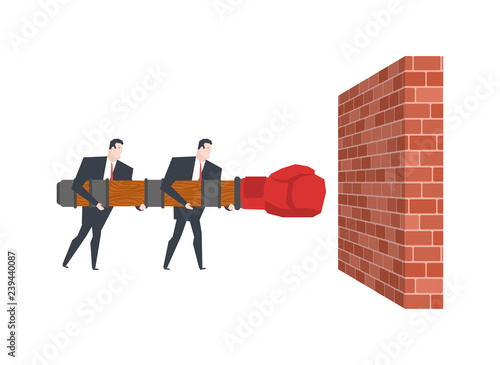 Business team and Battering ram and wall. Wall Mounted machine. Businessman and siege weapon