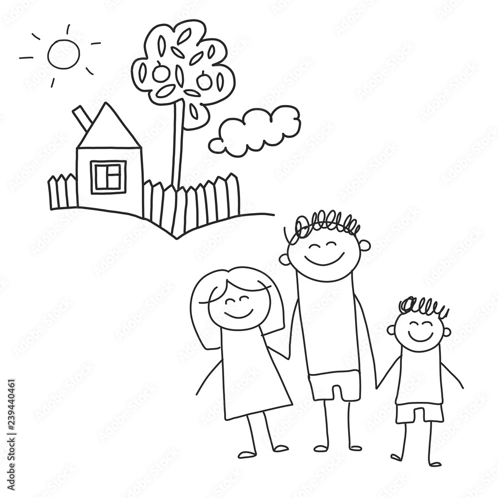 Happy family with children. Kids drawing style vector illustration. Mother, father, sister, brother. Happy family with children. Kids drawing style vector illustration. Mother, father, sister, brother.