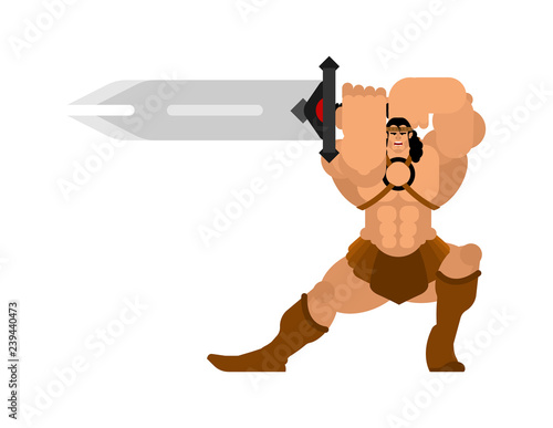 Barbarian with sword. Strong Warrior with weapons Big blade. berserk Brutal man. Strong Powerful Medieval Mercenary Soldier. Vector illustration