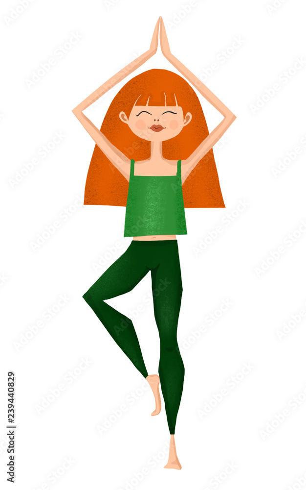 illustration of a girl with red hair on a white background. a woman engaged in sports, practicing yoga, doing exercises illustration of a girl with red hair on a white background. a woman engaged in sports, practicing yoga, doing exercises