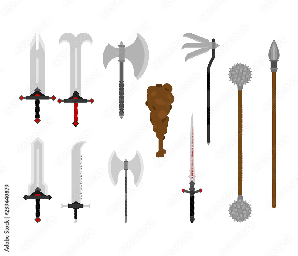 Medieval weapons set. antique metal armour weapon. Sword and ax. Halberd or  spear. Saber and club. Mace and morning star Stock Vector | Adobe Stock