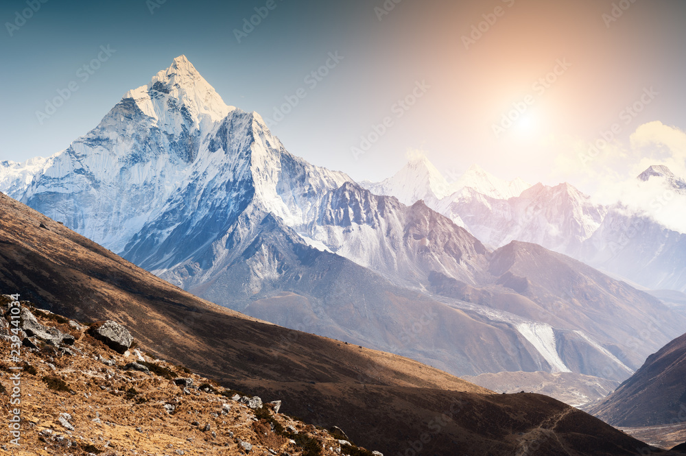 View of Mount Ama Dablam at sunset in Himalayas, Nepal. Everest Base Camp trek