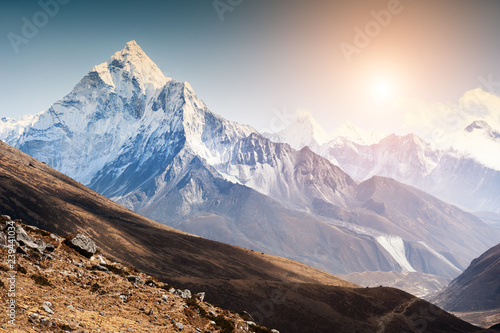View of Mount Ama Dablam at sunset in Himalayas, Nepal. Everest Base Camp trek