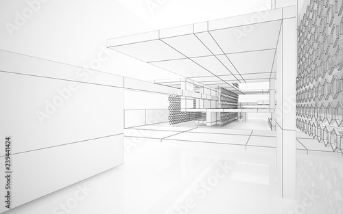 Abstract white interior highlights future. Polygon drawing . Architectural background. 3D illustration and rendering