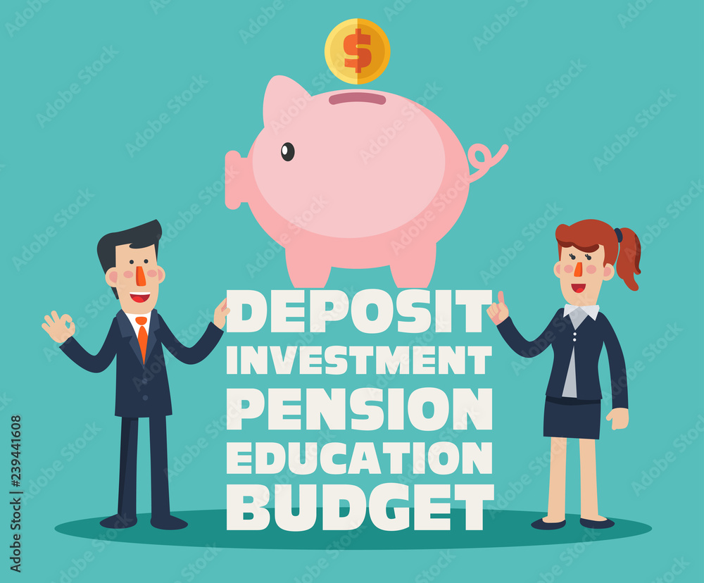 Successful smiling business man and businesswoman with a piggy bank. Saving and investing money concept. Future financial planning concept - Vector Successful smiling business man and businesswoman with a piggy bank. Saving and investing money concept. Future financial planning concept - Vector