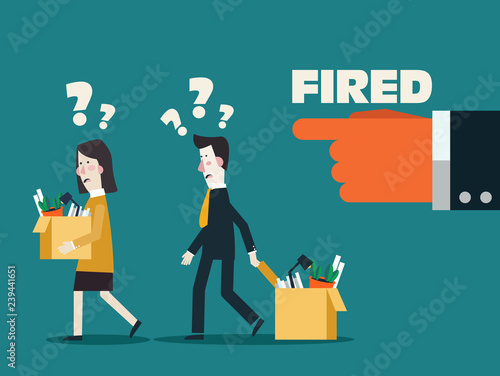 Dismissed frustrated business person holding a box with his things. Angry boss firing employee. Unemployment, crisis, jobless and employee job reduction concept vector design