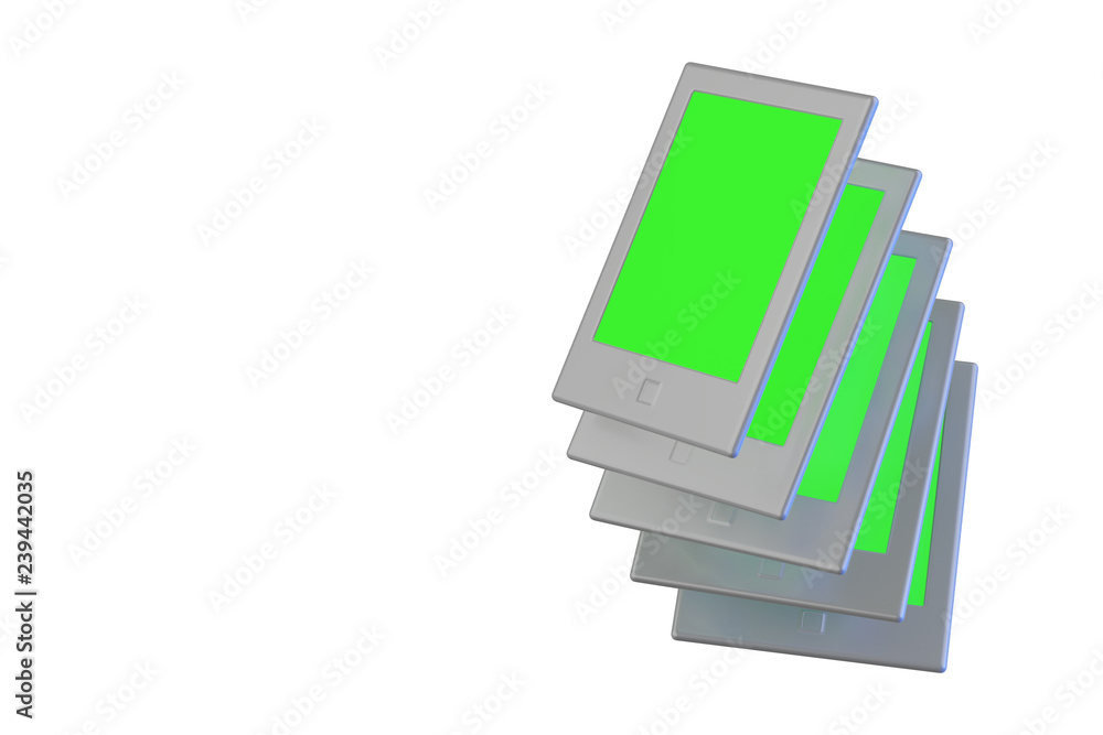 Group of modern electronic pocket books, isolated on white with greenscreen image and copyspace mockup 3d illustration Group of modern electronic pocket books, isolated on white with greenscreen image and copyspace mockup 3d illustration