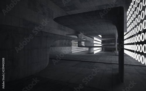 Empty dark abstract concrete room smooth interior. Architectural background. Night view of the illuminated. 3D illustration and rendering