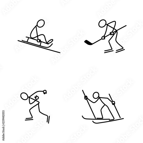 Stick figure people doing winter sports