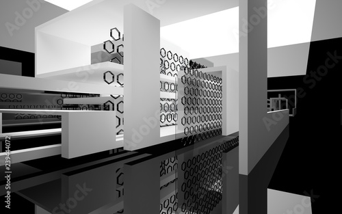 Abstract white interior of the future, with glossy black wall and floor. 3D illustration and rendering © SERGEYMANSUROV