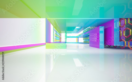 Abstract dynamic interior with gradient colored objects. 3D illustration and rendering