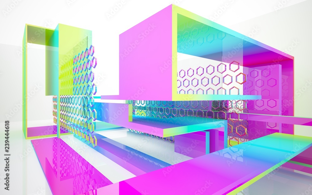 Abstract dynamic interior with gradient colored objects. 3D illustration and rendering