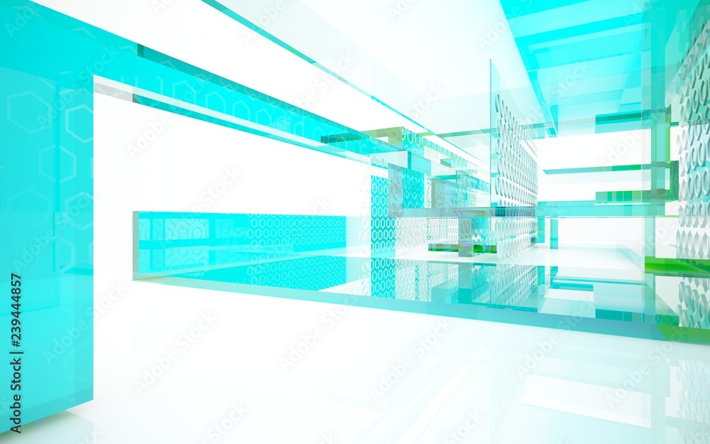 Fototapeta premium abstract architectural interior with bluet geometric glass sculpture. 3D illustration and rendering