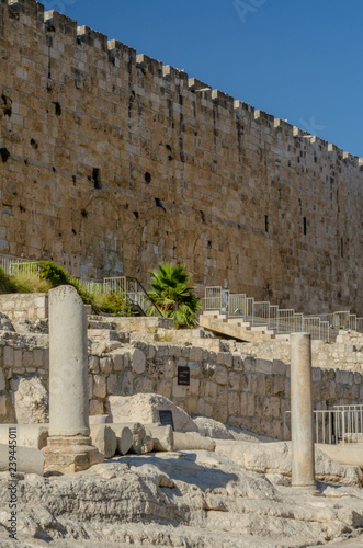 Ancient columns and the Huldah Gates on the southern steps of the Temple Mount in the Old City of Jerusalem, Israel photo