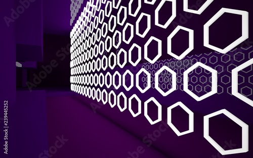 Abstract interior of the future in a minimalist style with violet sculpture. Night view . Architectural background. 3D illustration and rendering