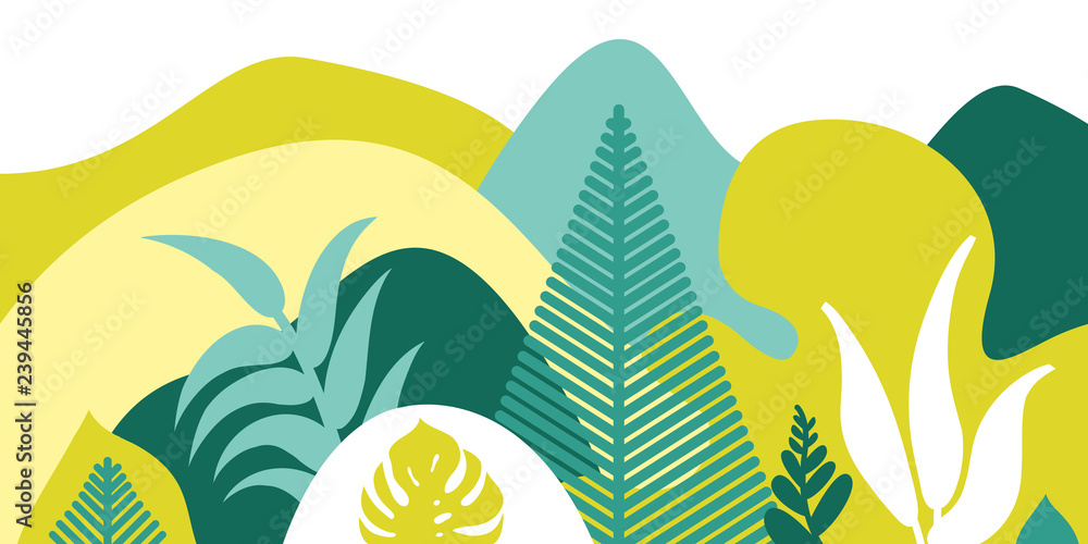 Obraz premium Górski pagórkowaty krajobraz z tropikalnymi roślinami i drzewami, palmami, sukulentami. Azjatycki krajobraz w ciepłych, pastelowych kolorach. Styl skandynawski. Ochrona środowiska, ekologia.